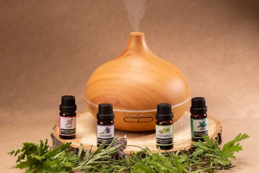 Wooden diffuser with essential oils, perfect for relaxation and aromatherapy needs.